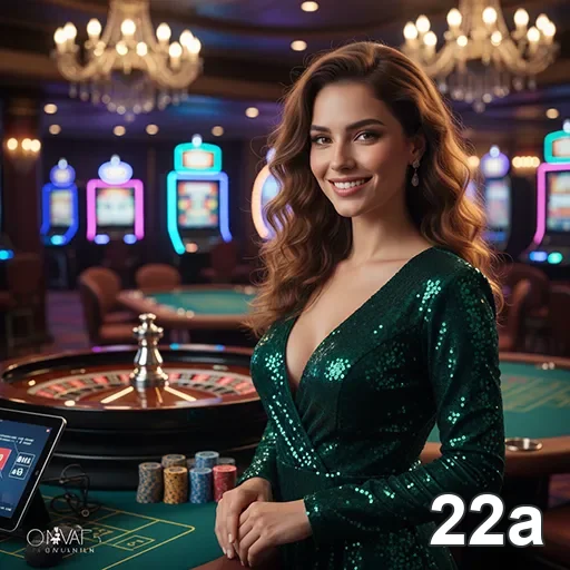 Dealer sorridente em cassino ao vivo da 22a, com mesas e slots.