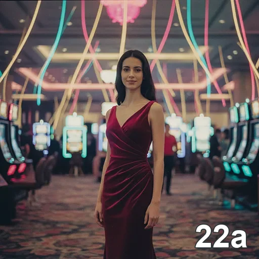 Ambiente do cassino 22a com slots e jogadora elegante.