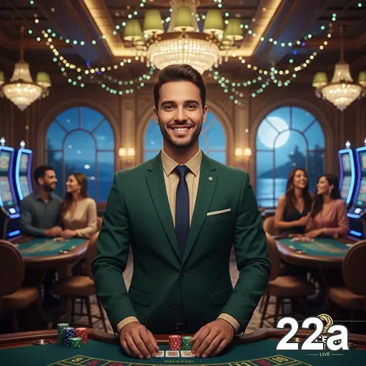 Dealer sorridente no cassino ao vivo do 22a interagindo com jogadores.