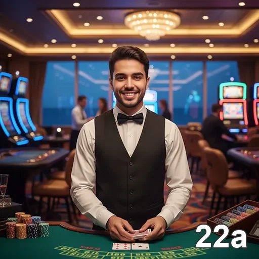 Dealer sorridente em cassino do 22a, foco em jogos de slots.