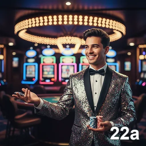 Dealer sorridente em cassino da 22a, pronto para atender jogadores.